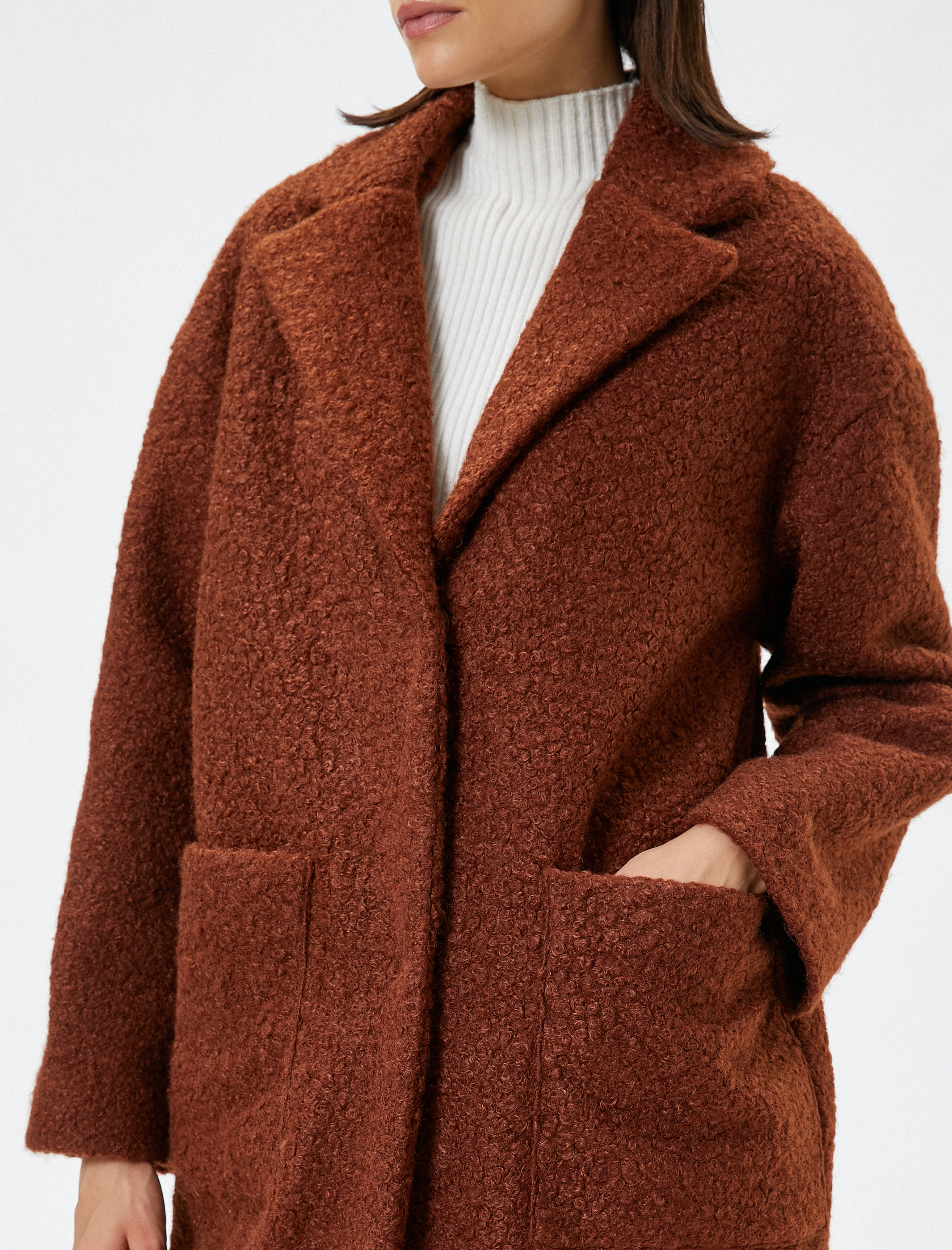   Oversize Uzun Buklet Kaban Kruvaze Cep Detaylı Astarlı