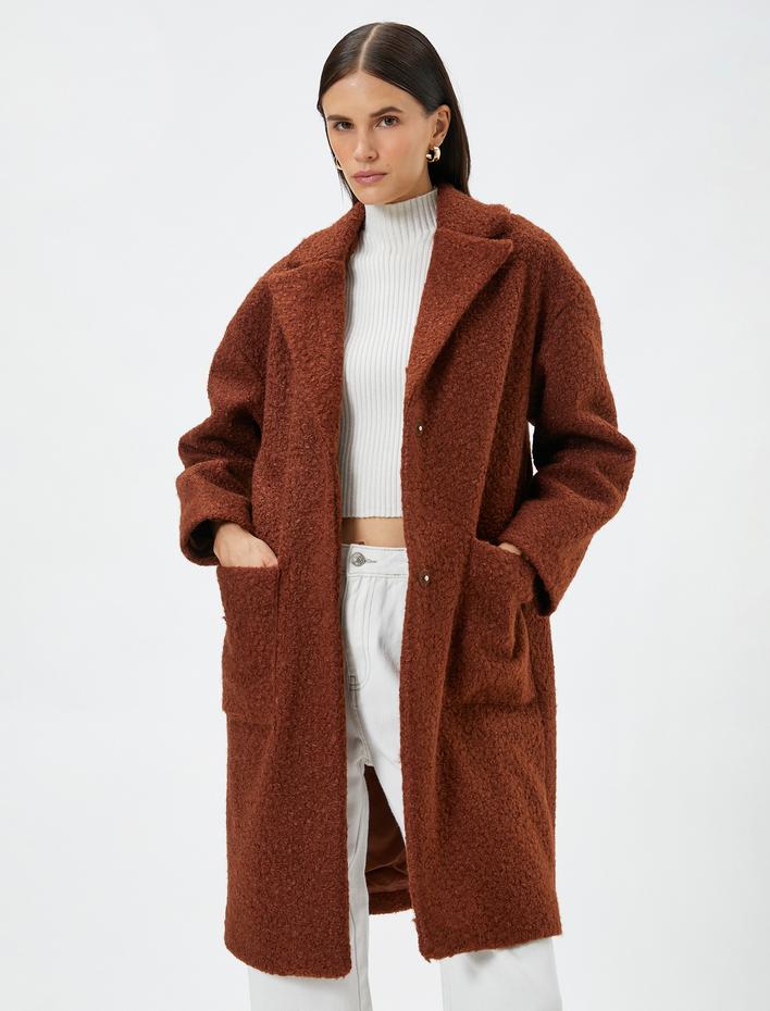  Oversize Uzun Buklet Kaban Kruvaze Cep Detaylı Astarlı