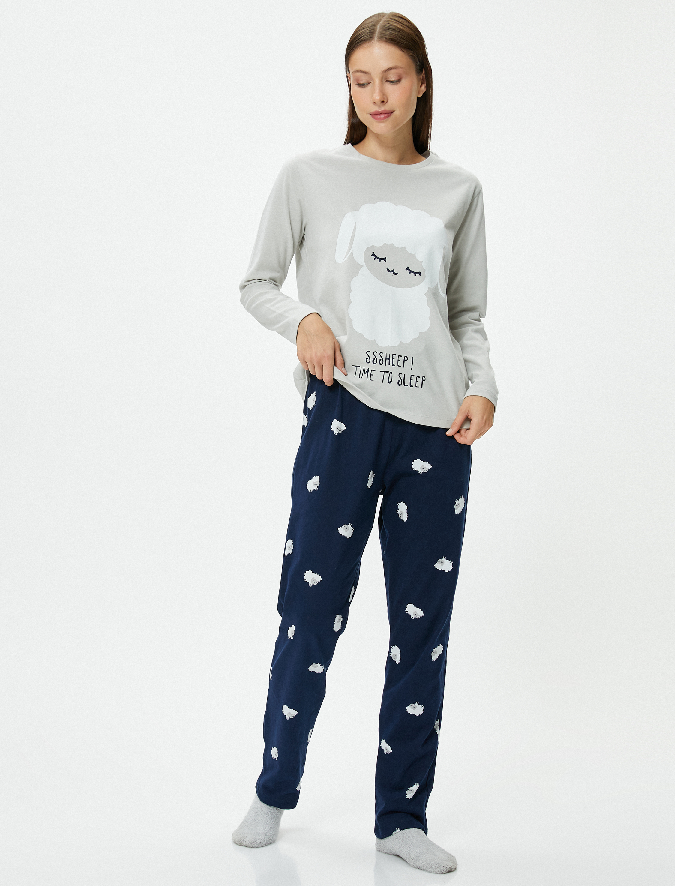   Pijama Takımı Uzun Kollu Kuzu Baskılı Düz Paça Pamuklu
