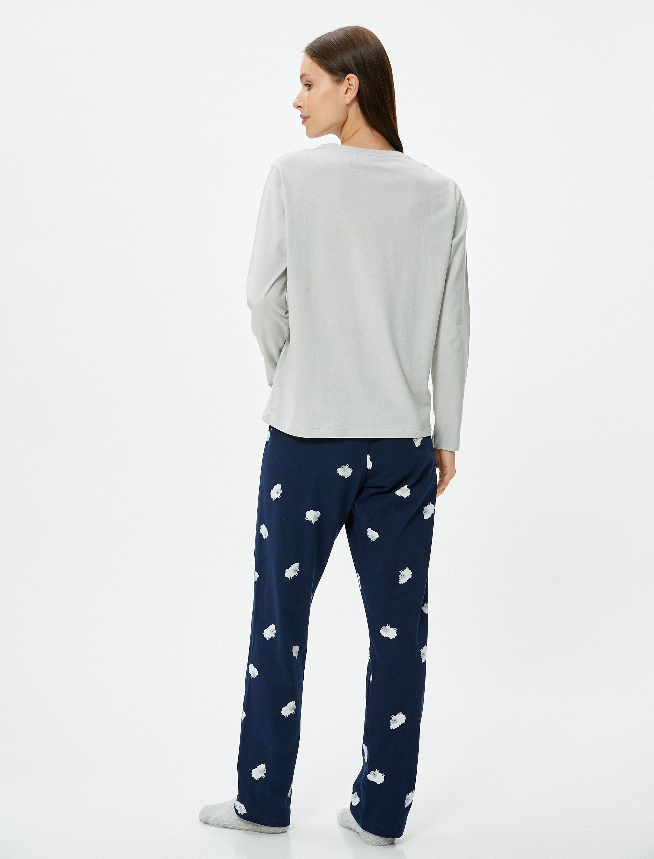   Pijama Takımı Uzun Kollu Kuzu Baskılı Düz Paça Pamuklu