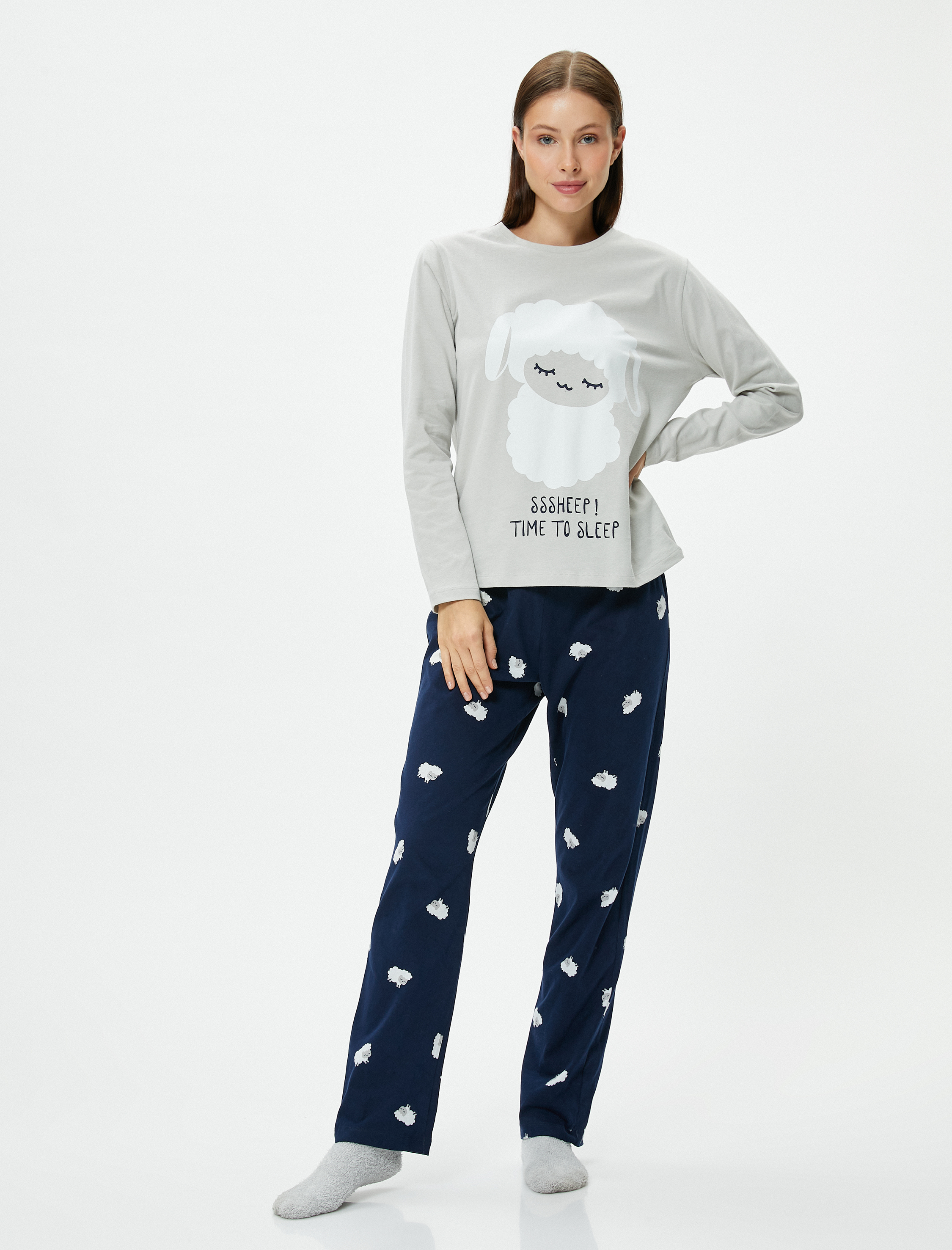   Pijama Takımı Uzun Kollu Kuzu Baskılı Düz Paça Pamuklu