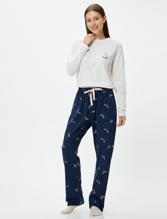 Pijama Takımı Uzun Kollu Baskılı Düz Paça Pamuklu