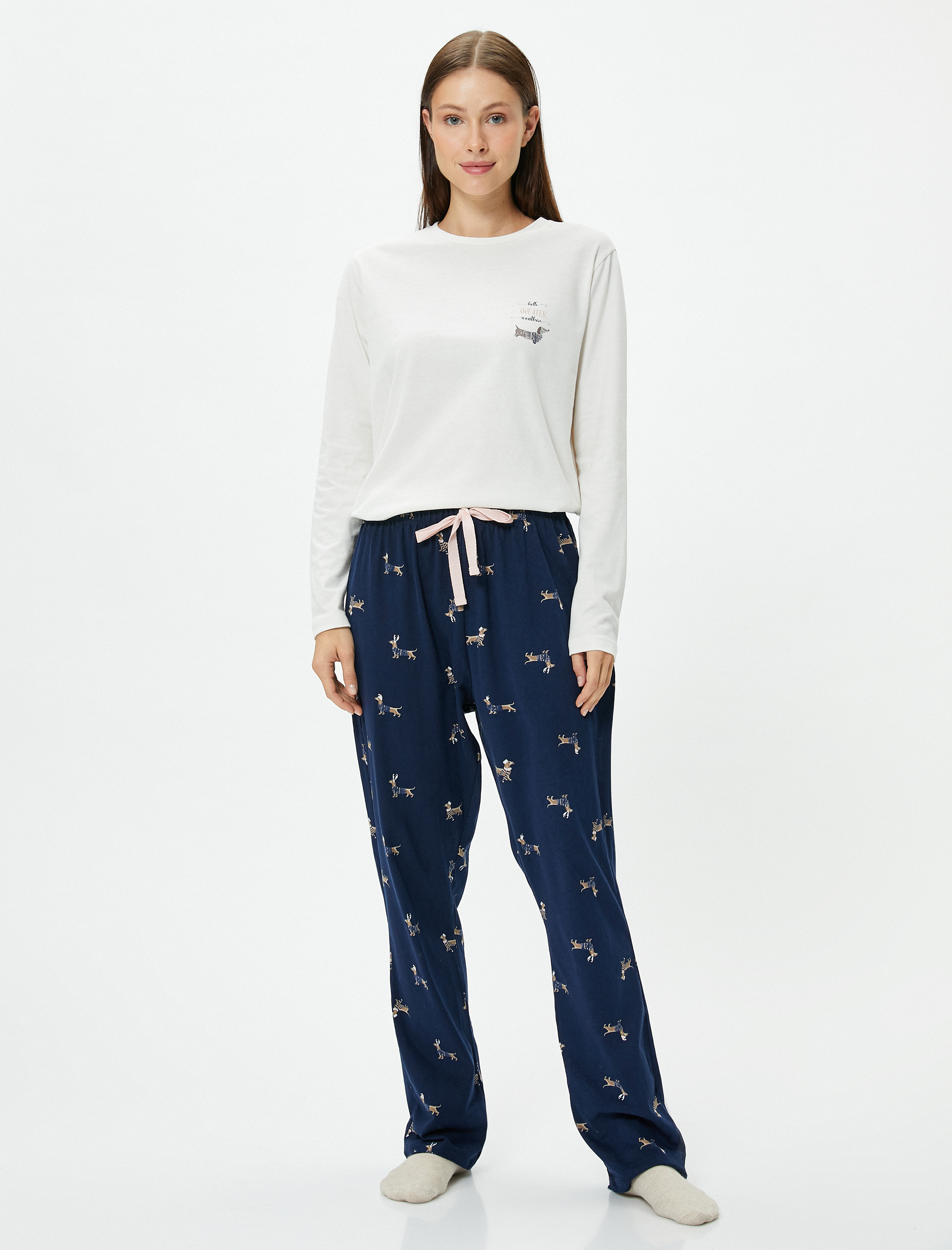   Pijama Takımı Uzun Kollu Baskılı Düz Paça Pamuklu