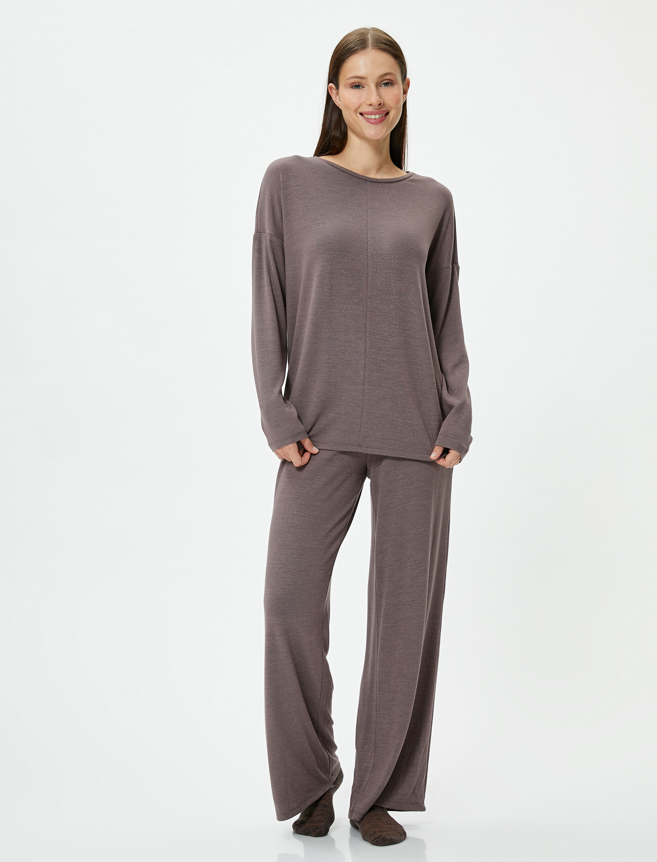   Pijama Üstü Uzun Kollu Bisiklet Yaka Viskon Karışımlı