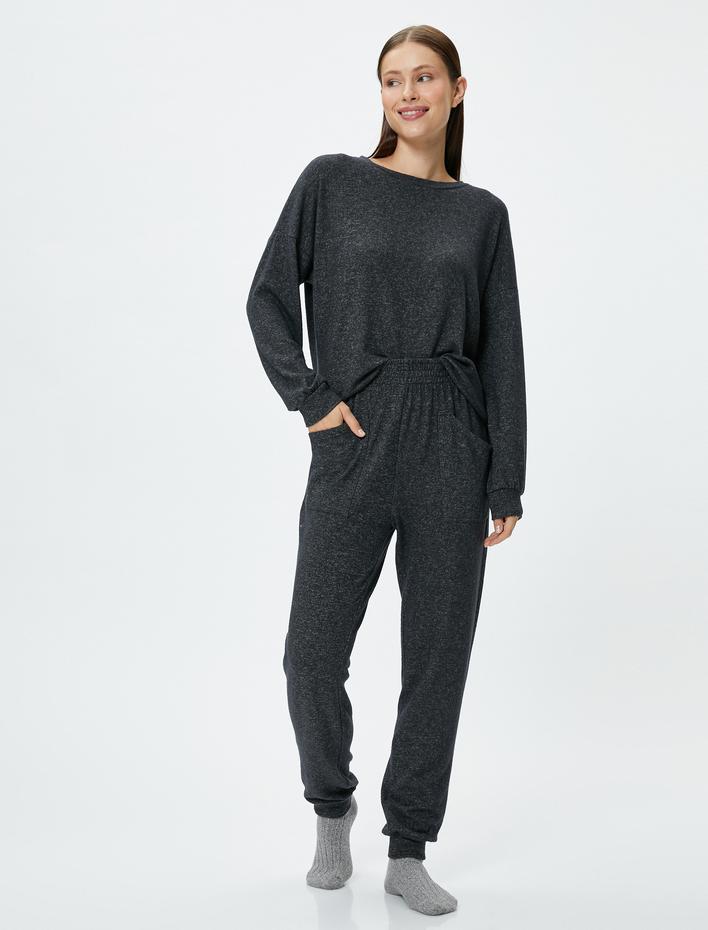  Pijama Üstü Bisiklet Yaka Uzun Kollu Viskon Karışımlı