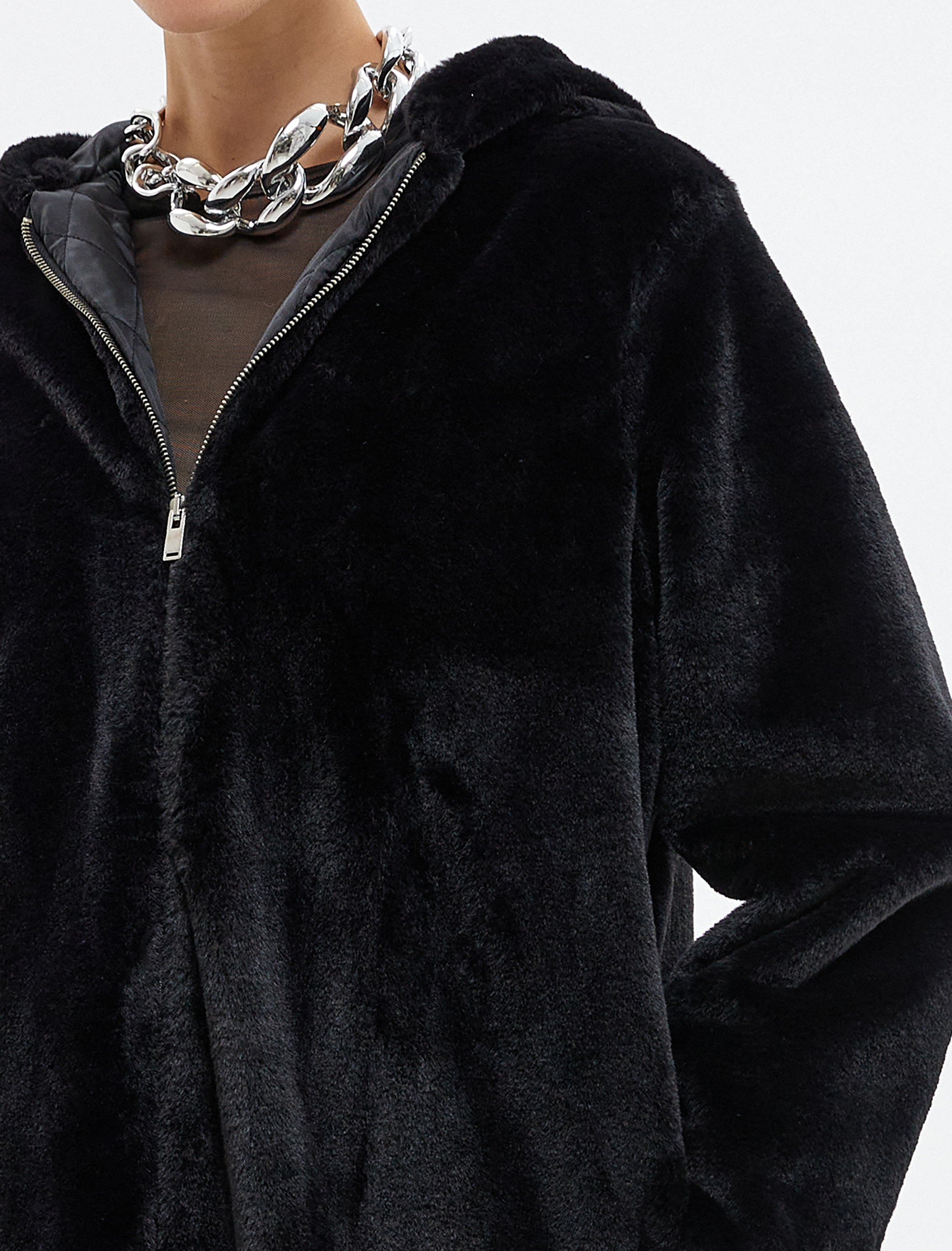   Peluş Uzun Mont Fermuarlı Kapüşonlu Cep Detaylı