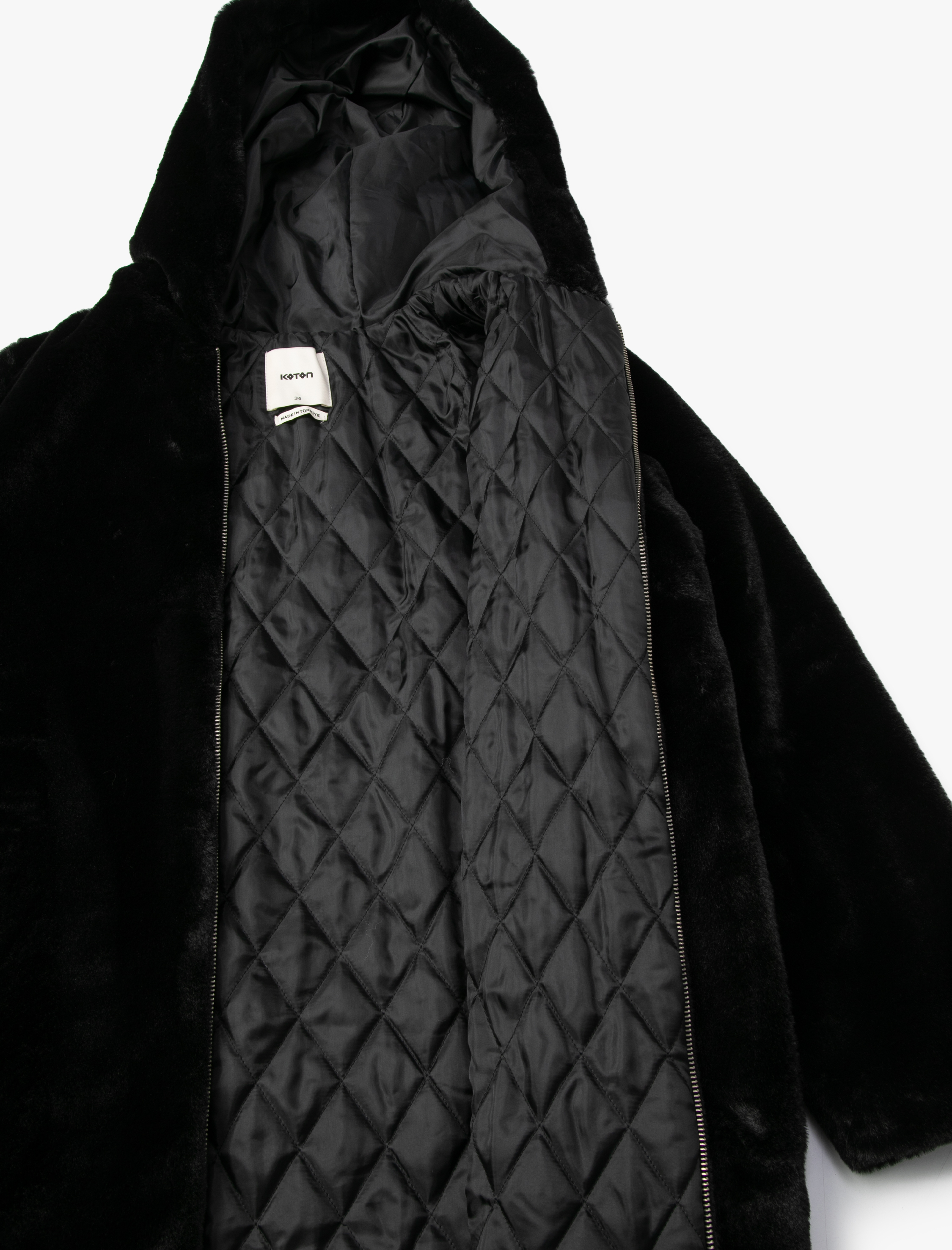   Peluş Uzun Mont Fermuarlı Kapüşonlu Cep Detaylı