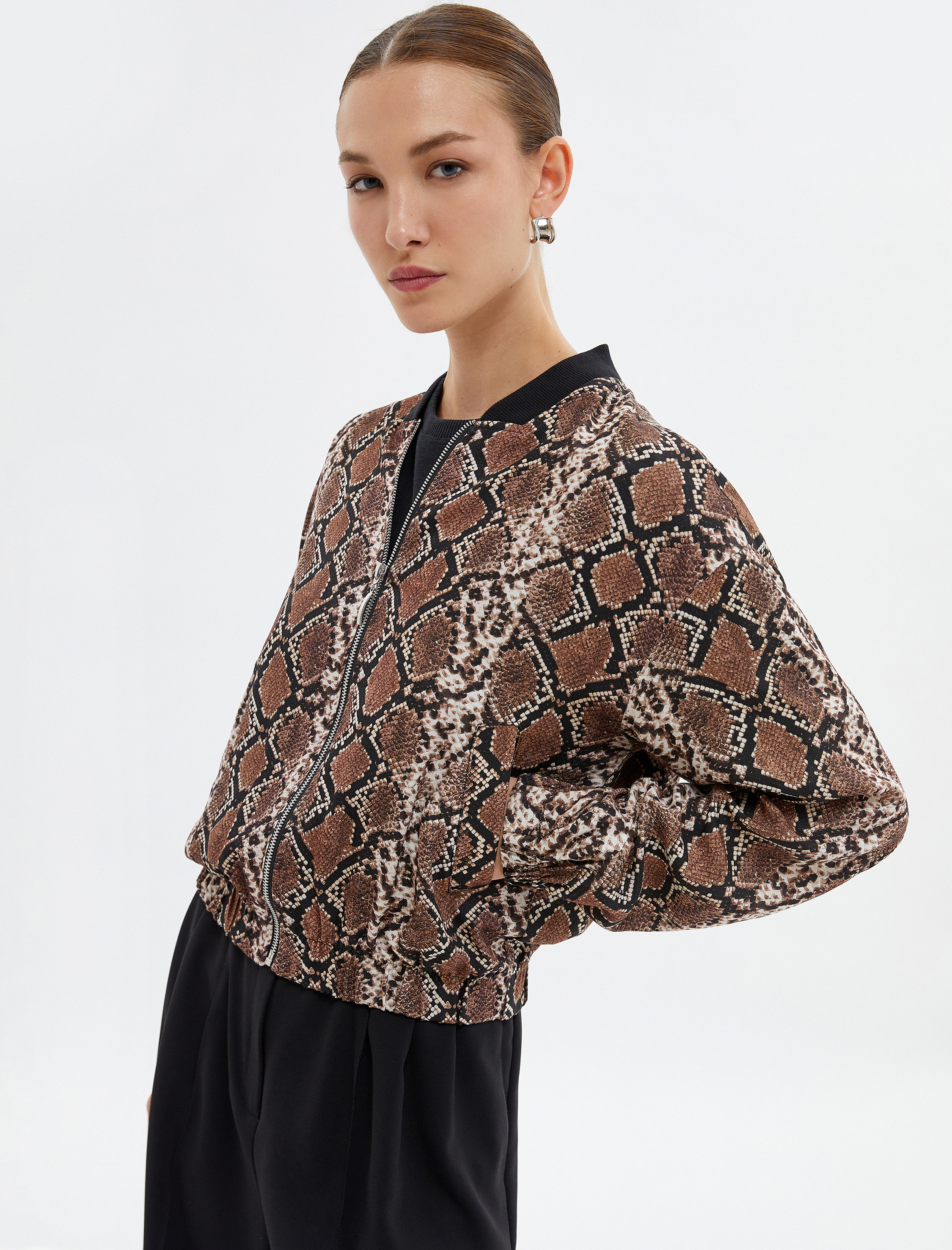   Oversize Bomber Ceket Fermuarlı Yılan Derisi Desenli Cepli