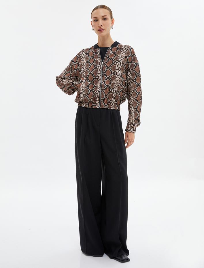  Oversize Bomber Ceket Fermuarlı Yılan Derisi Desenli Cepli