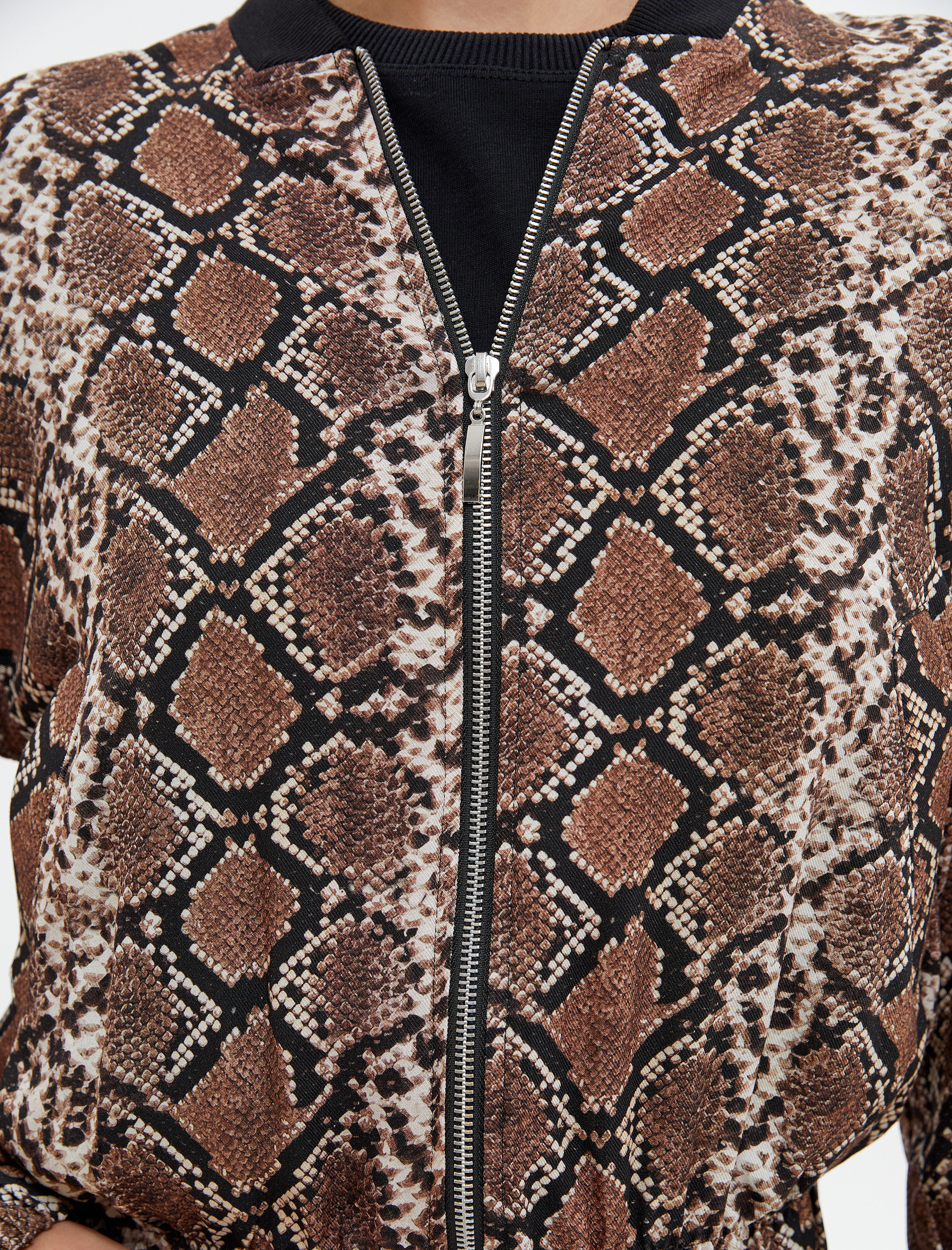   Oversize Bomber Ceket Fermuarlı Yılan Derisi Desenli Cepli