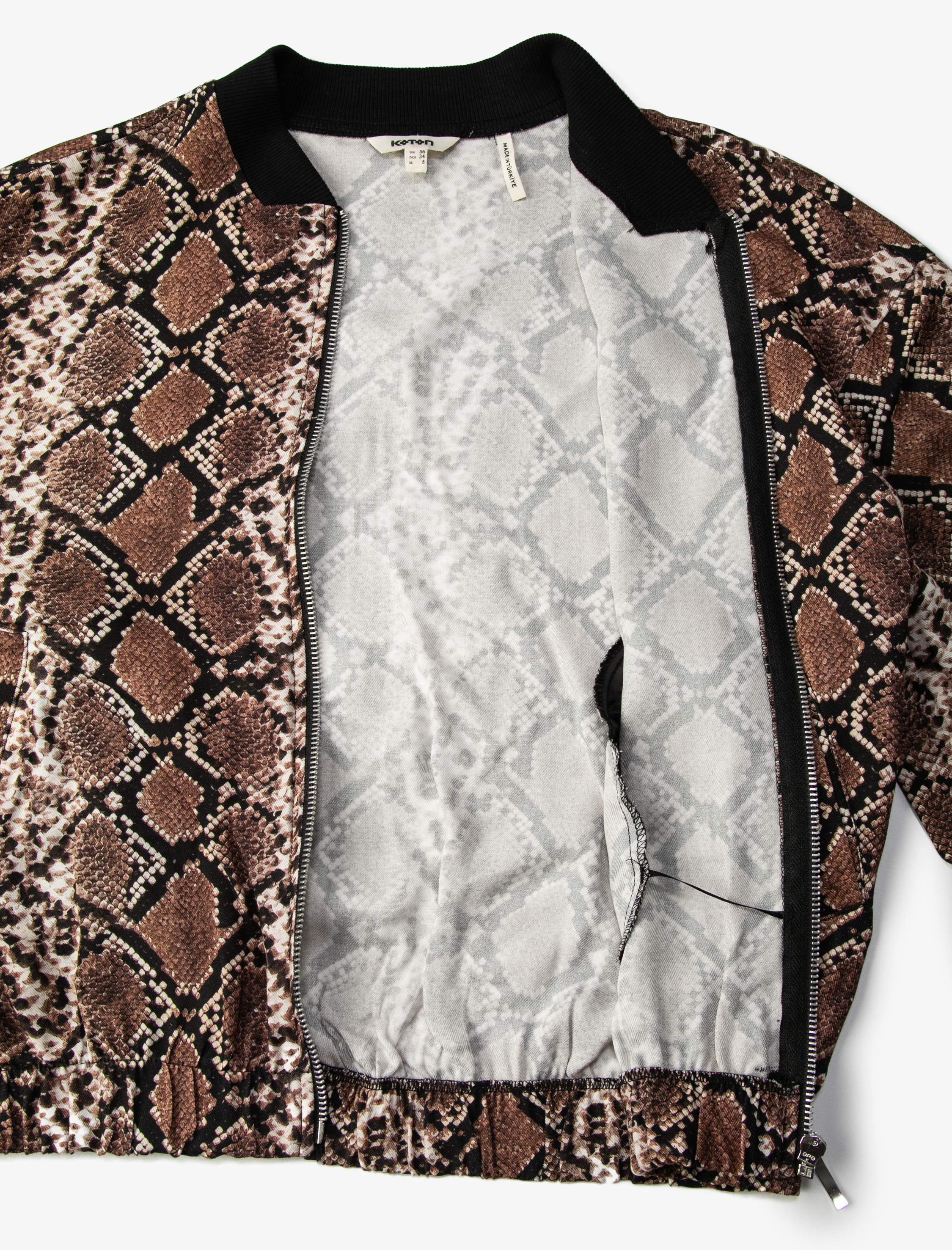   Oversize Bomber Ceket Fermuarlı Yılan Derisi Desenli Cepli