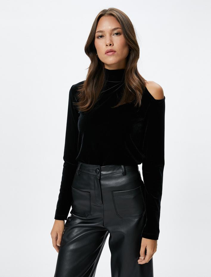  Kadife Body Balıkçı Yaka Pencere Detaylı Uzun Kollu