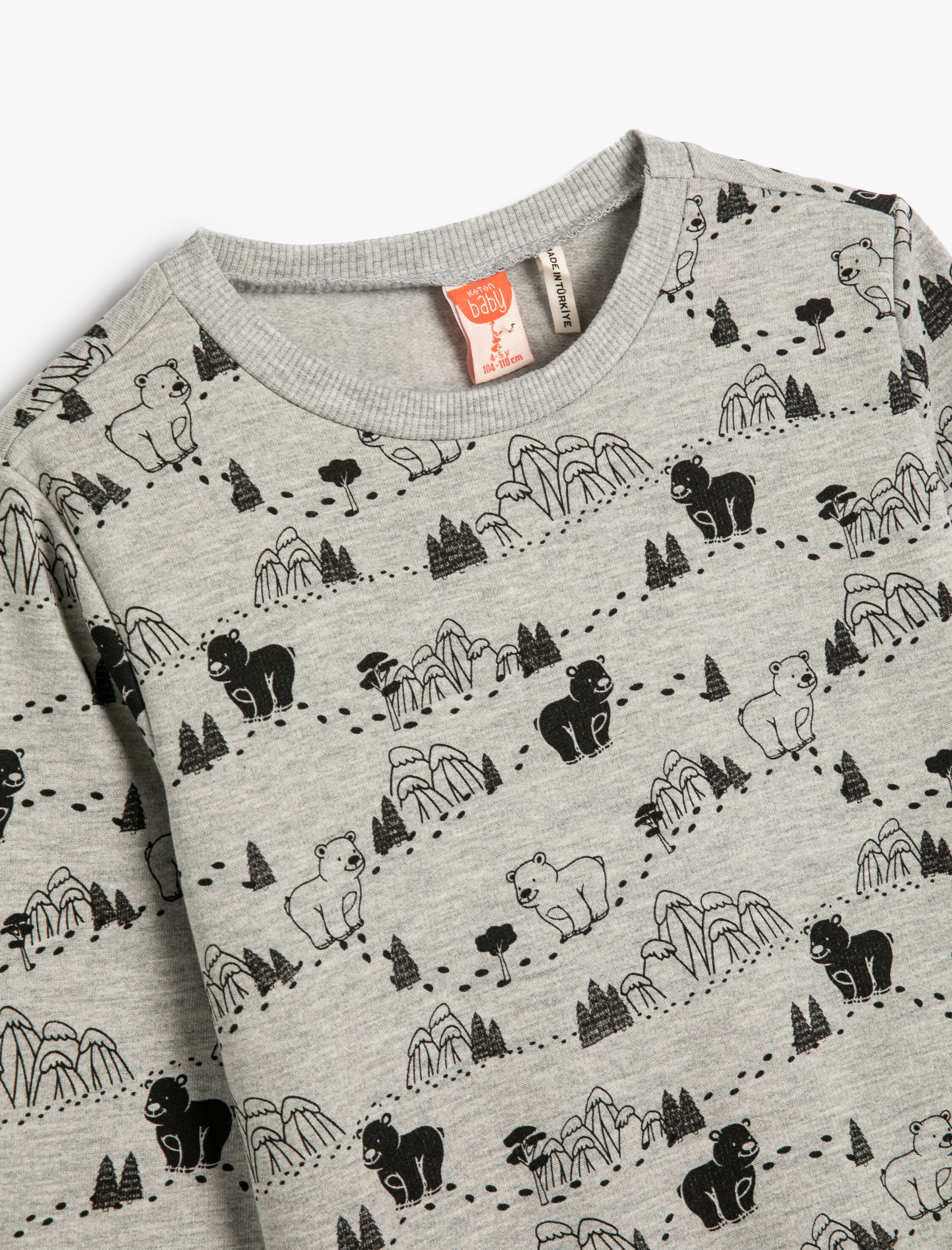  Erkek Bebek Sweatshirt Uzun Kollu Bisiklet Yaka Ayı Baskılı Şardonlu