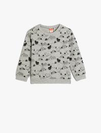 Sweatshirt Uzun Kollu Bisiklet Yaka Ayı Baskılı Şardonlu