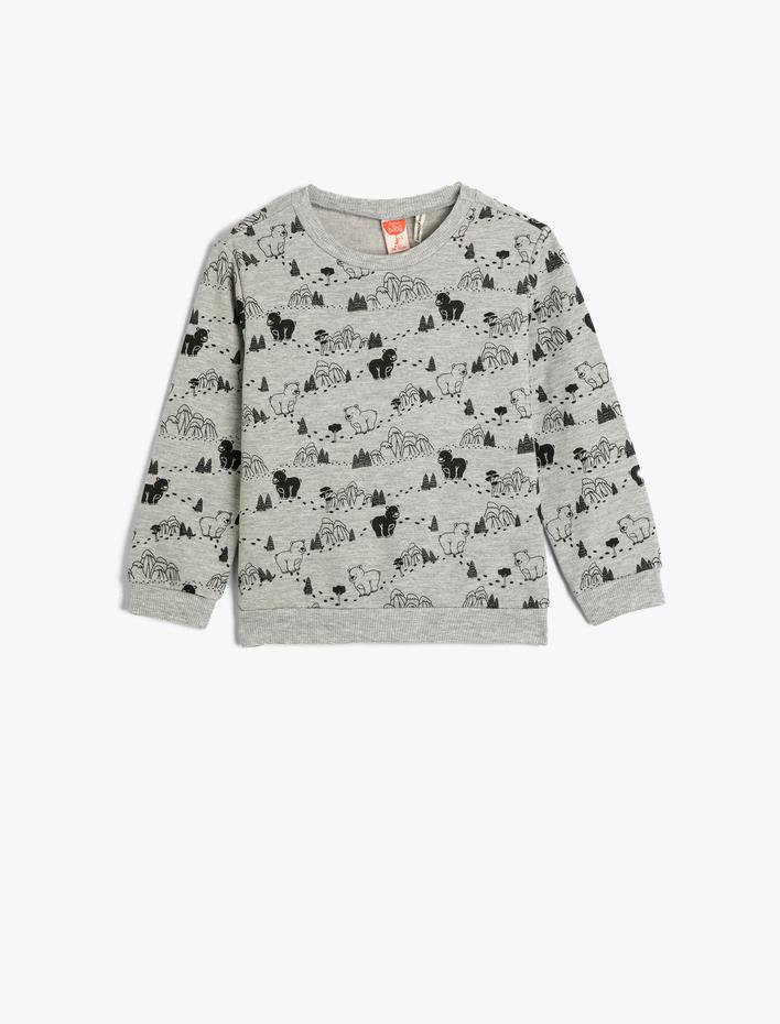 Erkek Bebek Sweatshirt Uzun Kollu Bisiklet Yaka Ayı Baskılı Şardonlu