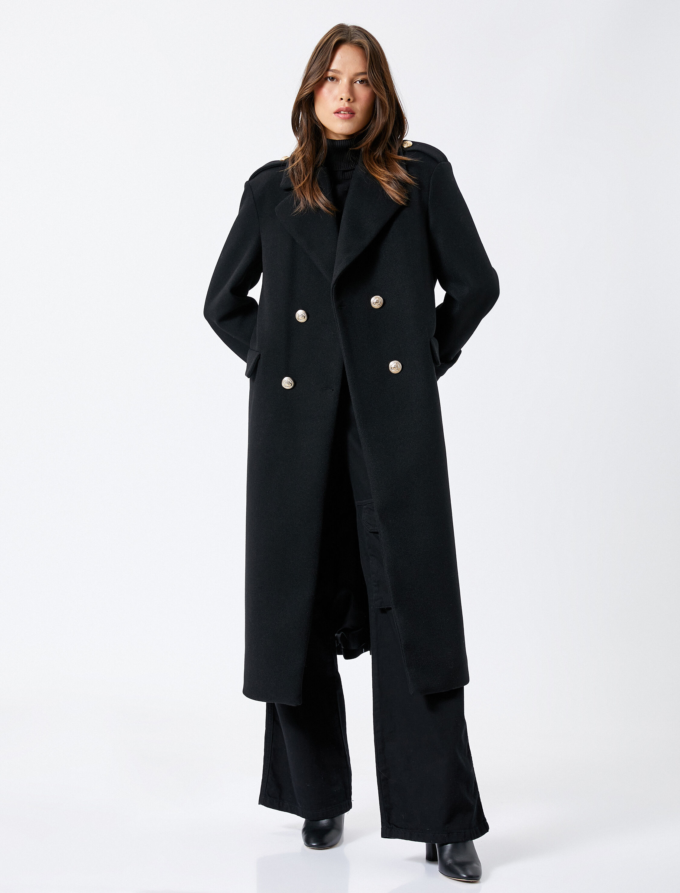   Oversize Kaşe Kaban Uzun Cepli Kruvaze Düğmeli Apoletli