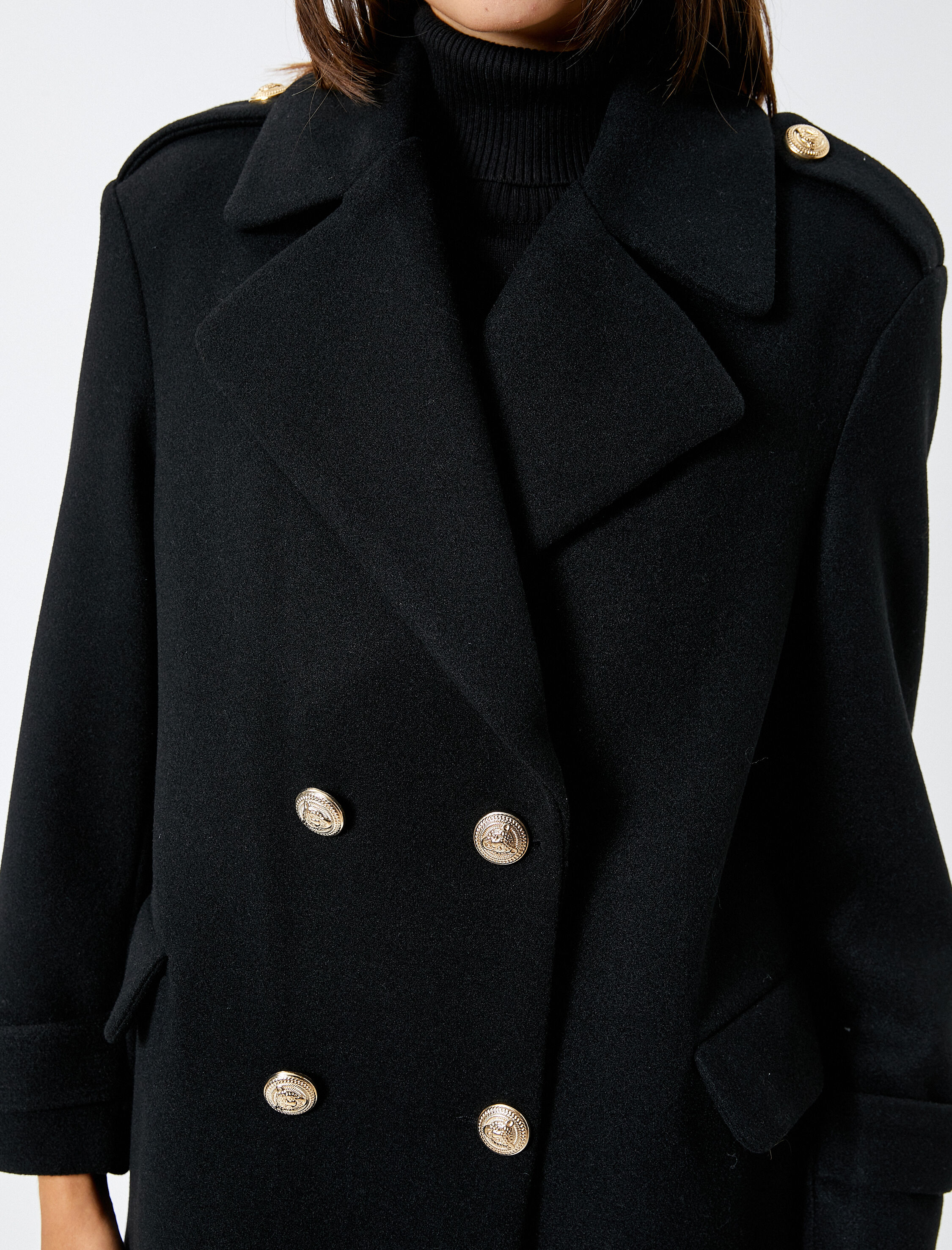   Oversize Kaşe Kaban Uzun Cepli Kruvaze Düğmeli Apoletli