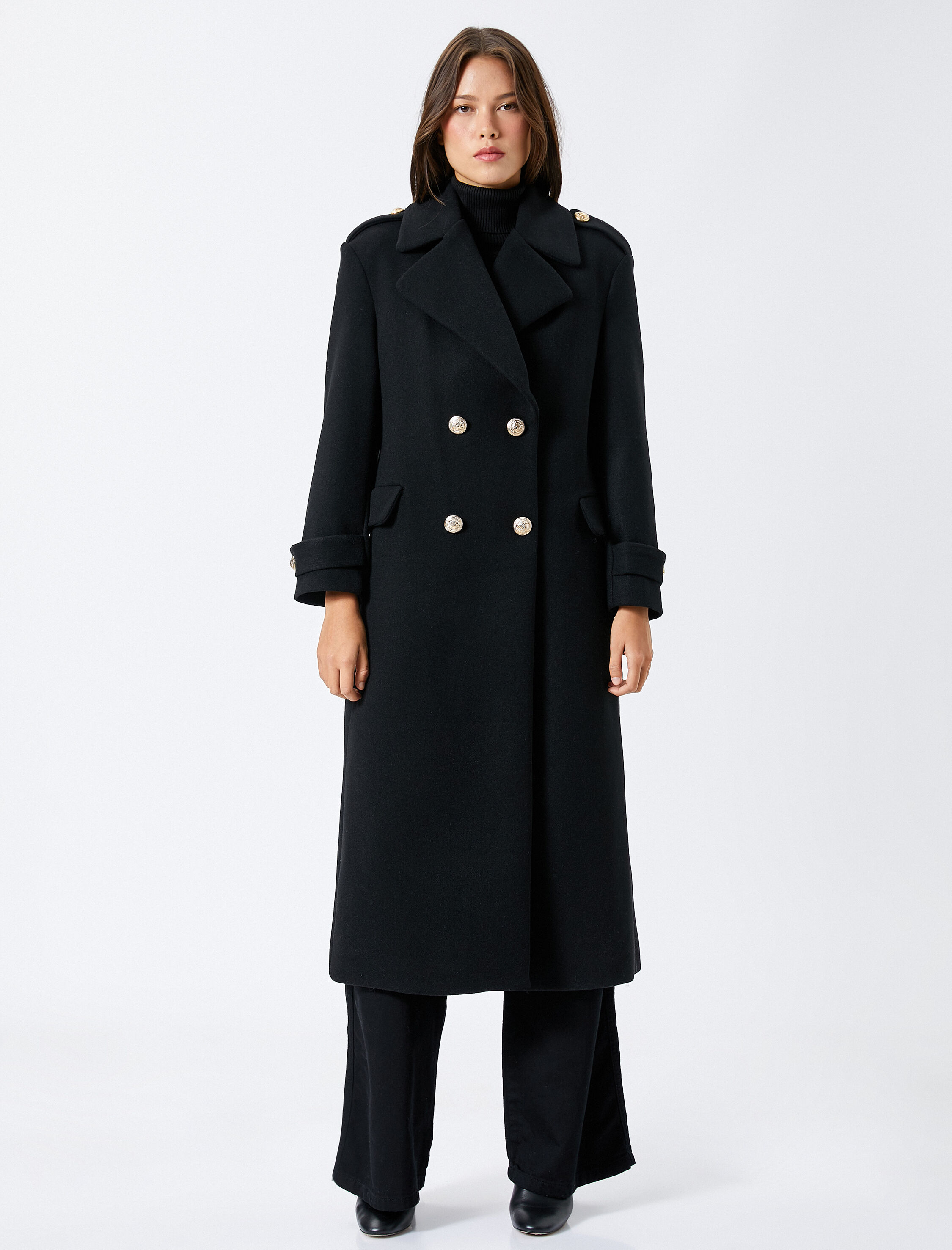   Oversize Kaşe Kaban Uzun Cepli Kruvaze Düğmeli Apoletli