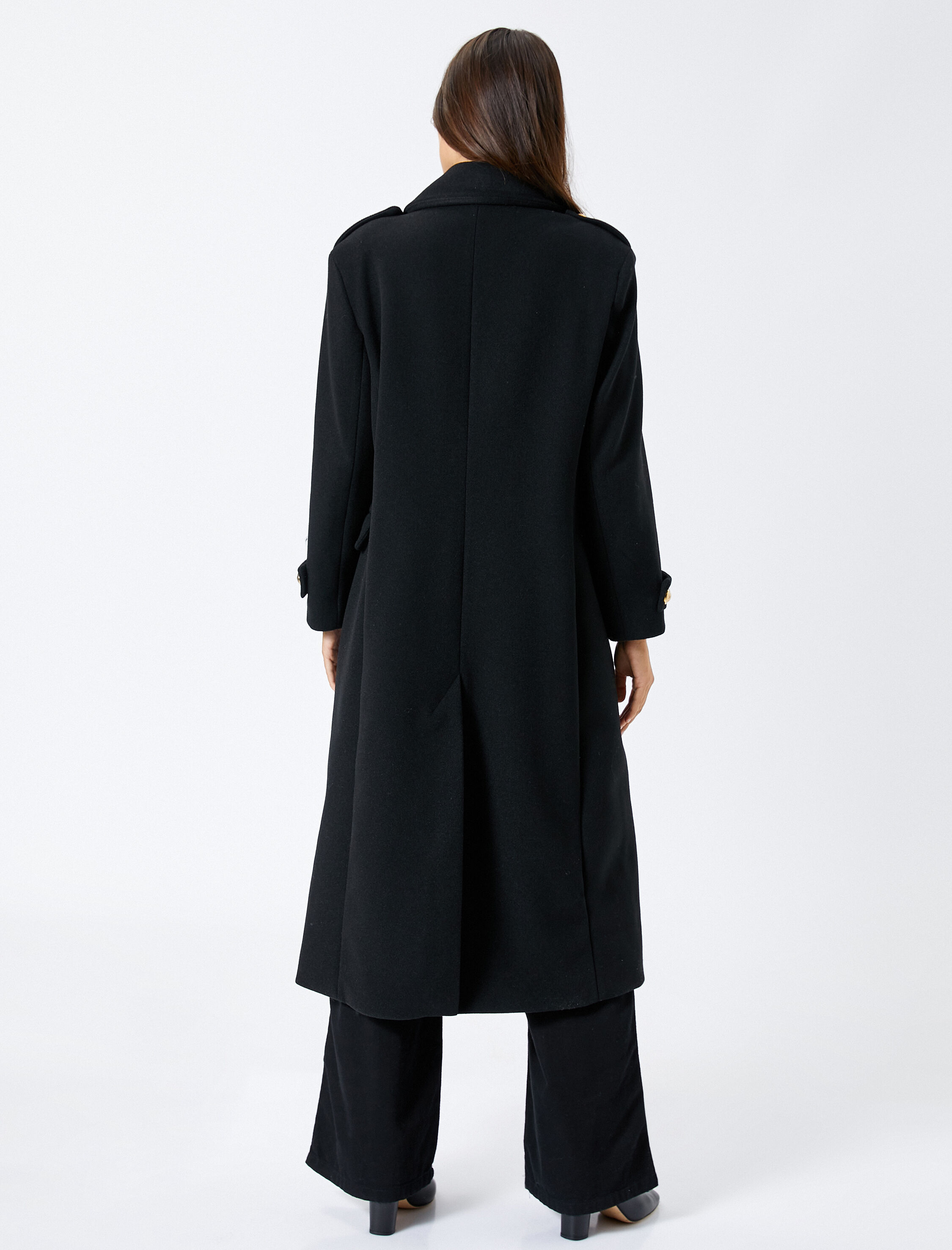   Oversize Kaşe Kaban Uzun Cepli Kruvaze Düğmeli Apoletli