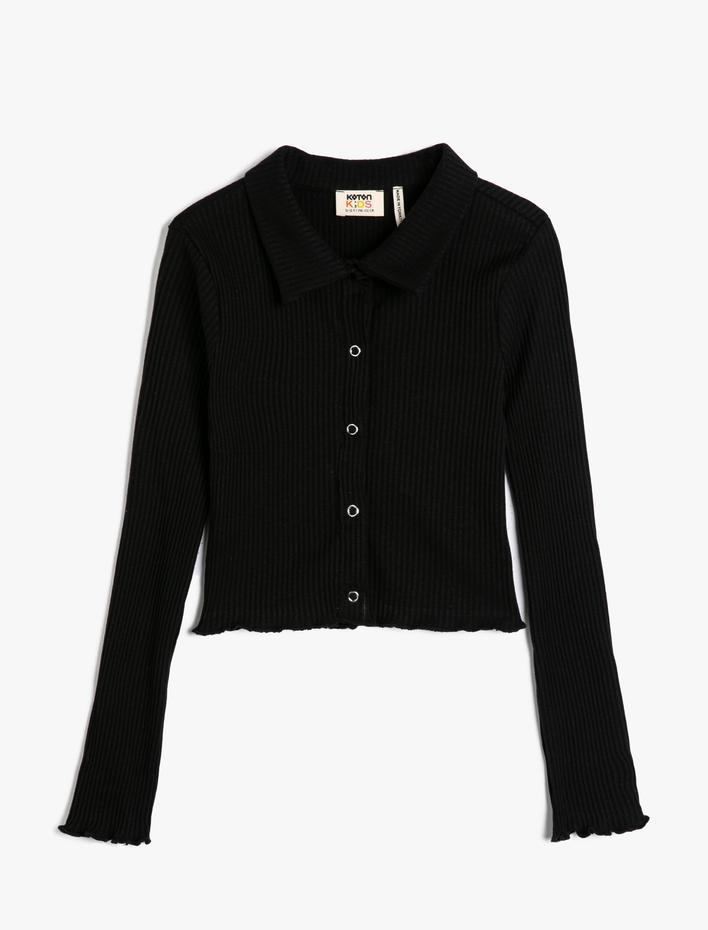 Kız Çocuk Tişört Uzun Kollu Gömlek Yaka Çıtçıt Kapama Ribanalı Pamuklu