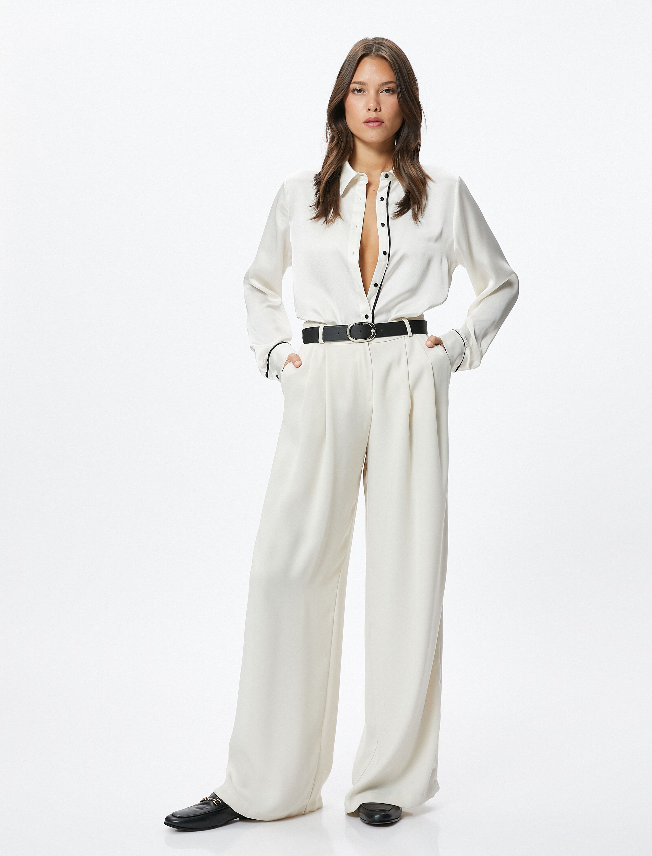   Saten Gömlek Uzun Kollu Şerit Detaylı Düğmeli