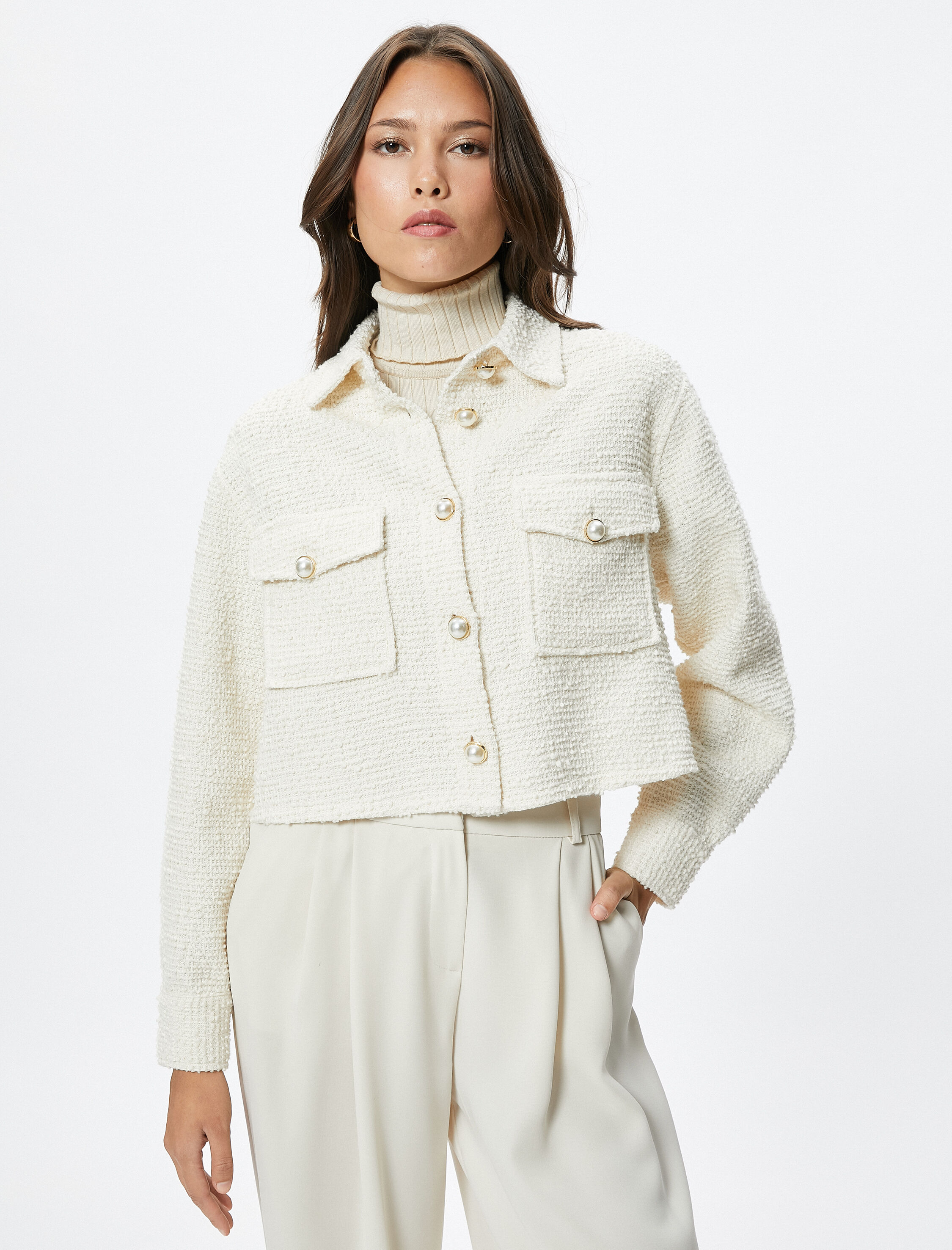   Tüvit Ceket İnci Düğme Detaylı Kapaklı Cepli