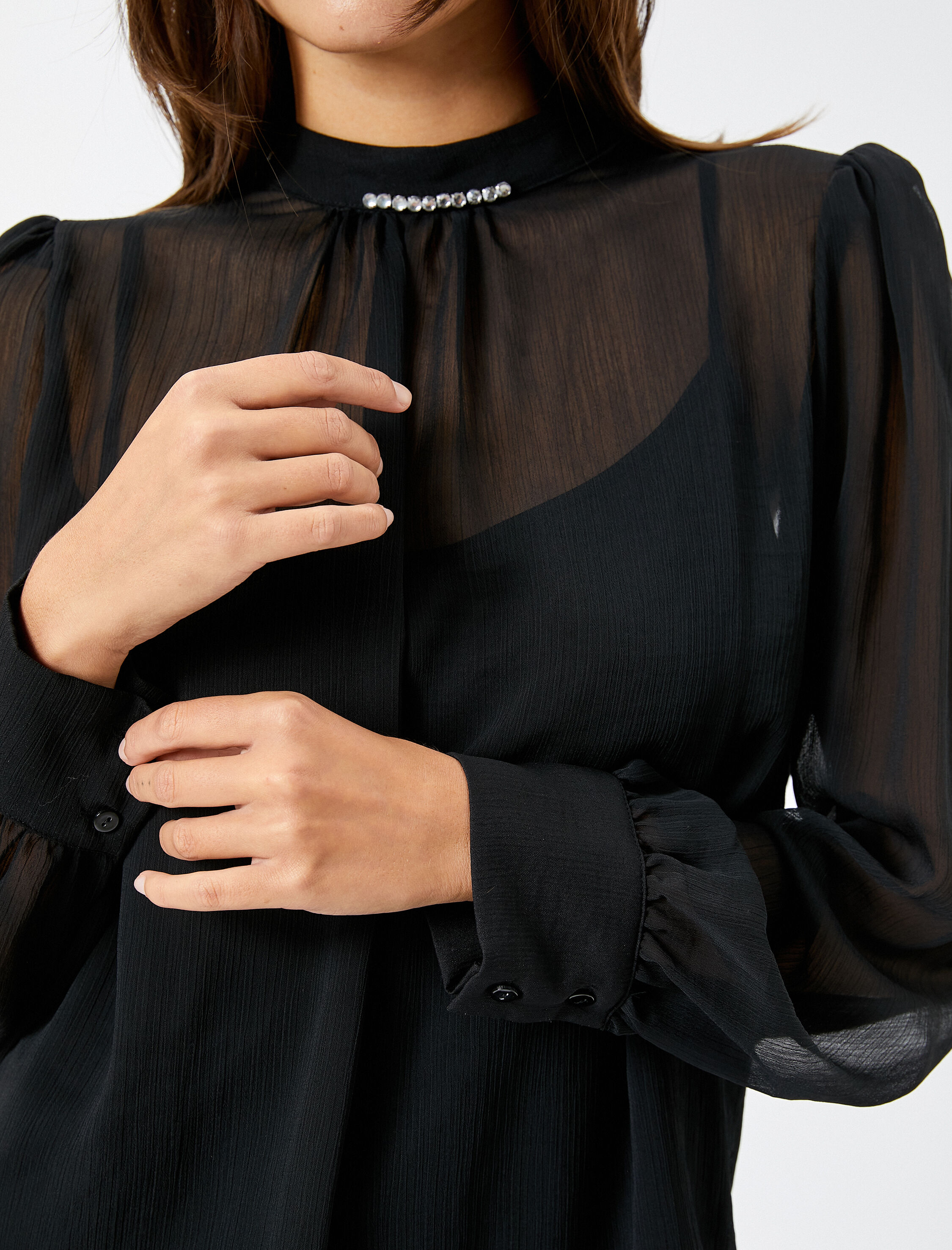   Şifon Bluz Dik Yaka Balon Kollu Transparan Parlak Taşlı