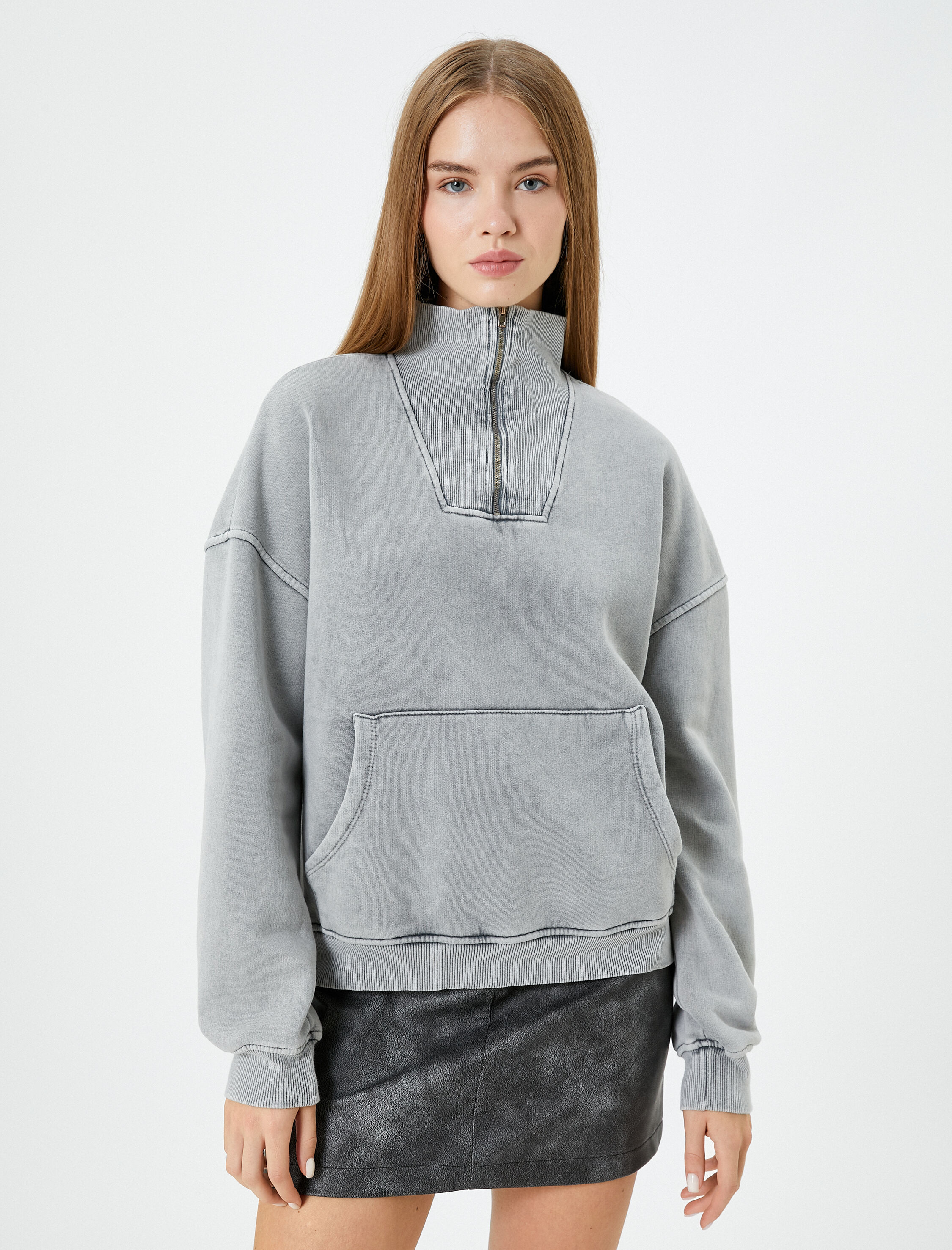   Yarım Fermuarlı Sweatshirt Soluk Efektli Rahat Kesim Şardonlu