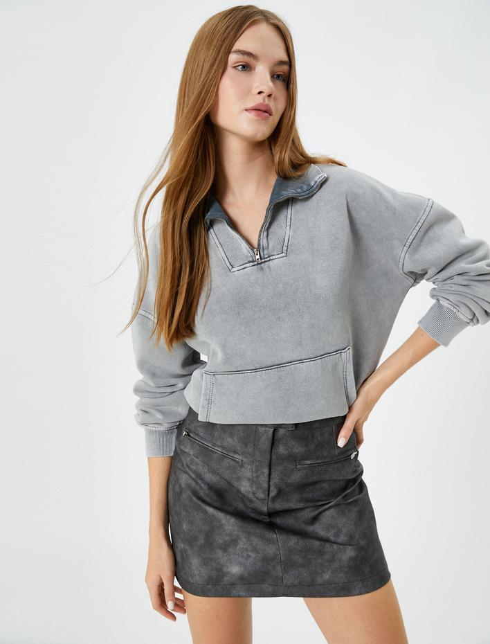  Yarım Fermuarlı Sweatshirt Soluk Efektli Rahat Kesim Şardonlu