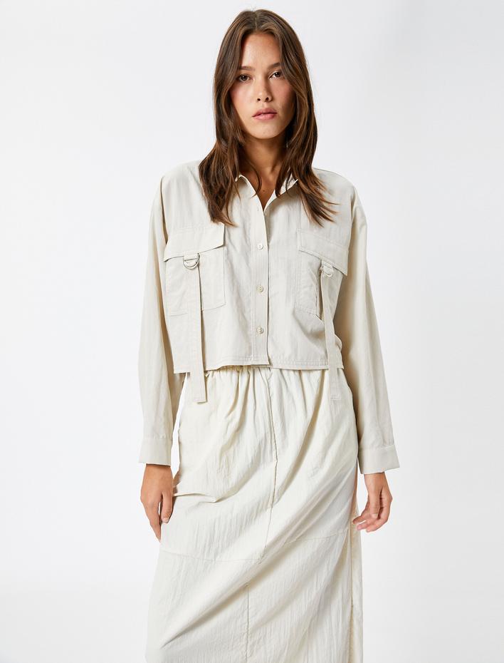  Crop Gömlek Kargo Cepli Düğmeli Metal Aksesuarlı