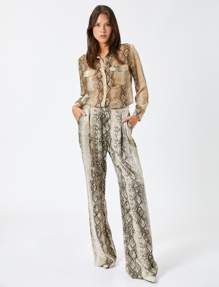  Uzun Kollu Gömlek Yılan Derisi Desenli Düğmeli Cepli