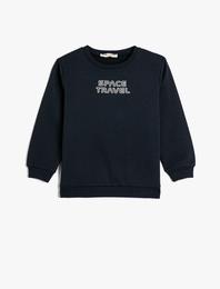 Sweatshirt Uzun Kollu Bisiklet Yaka Slogan Baskılı Şardonlu