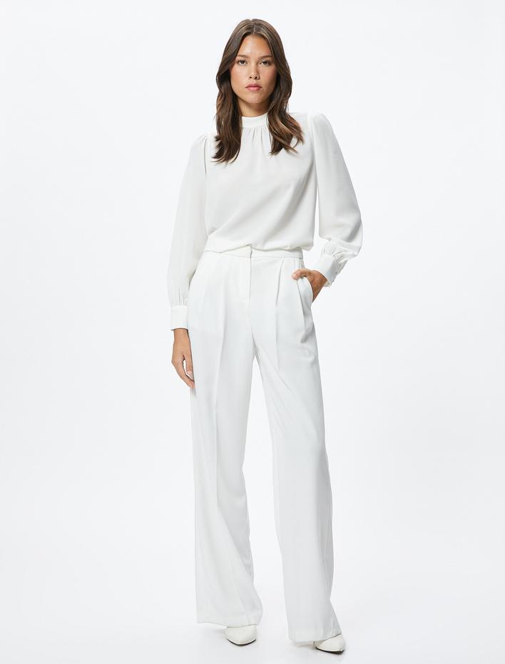  Balon Kollu Bluz Dik Yaka Drapeli