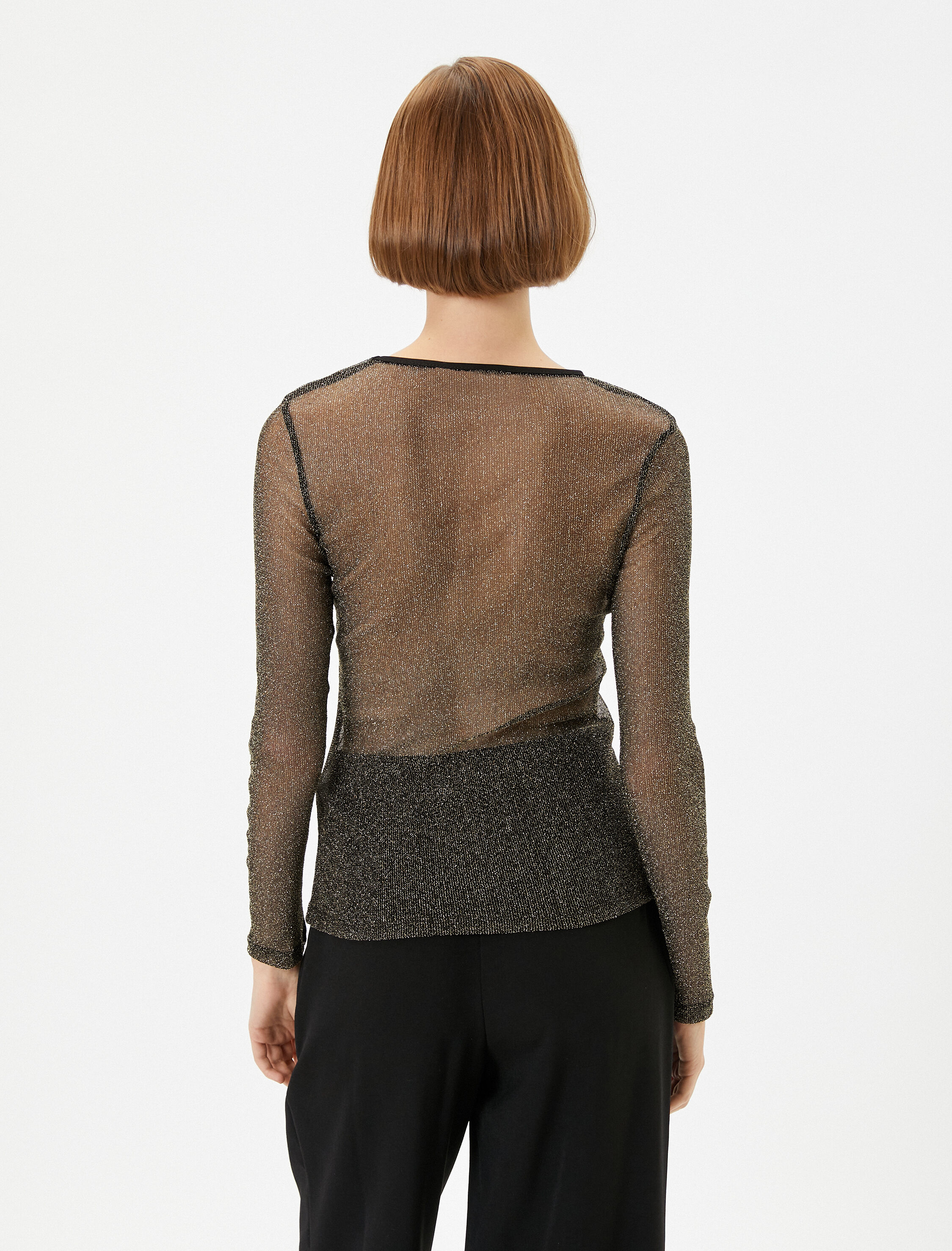   Transparan Tişört Simli Uzun Kollu Bisiklet Yaka