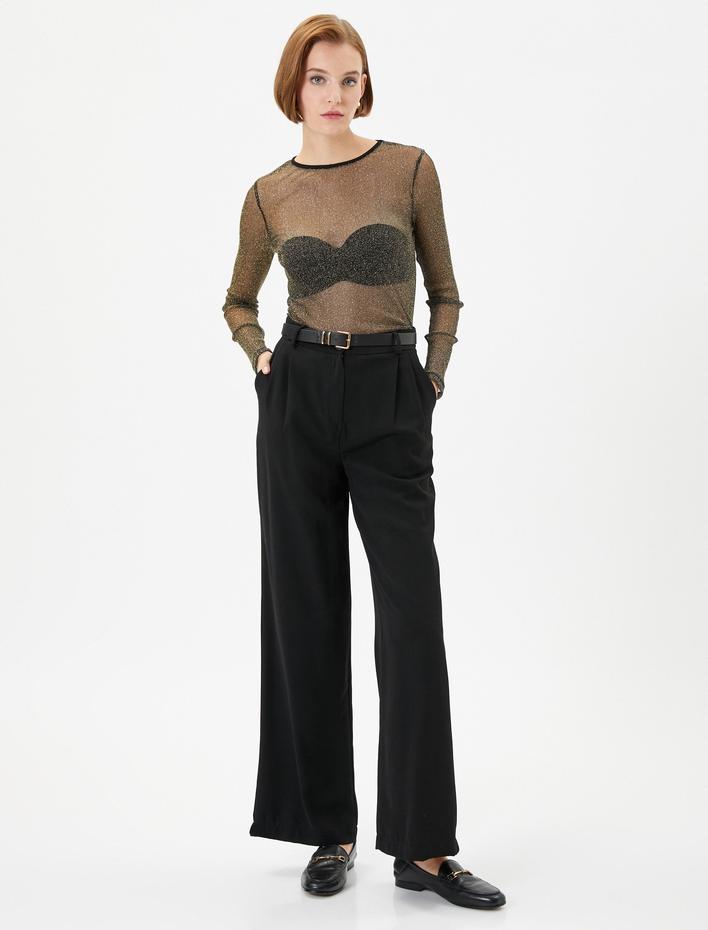  Transparan Tişört Simli Uzun Kollu Bisiklet Yaka