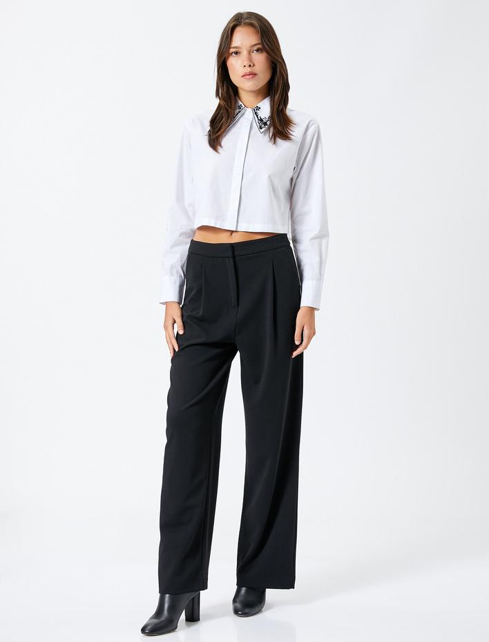  Crop Gömlek Nakış Detaylı Yaka Düğmeli Uzun Kollu