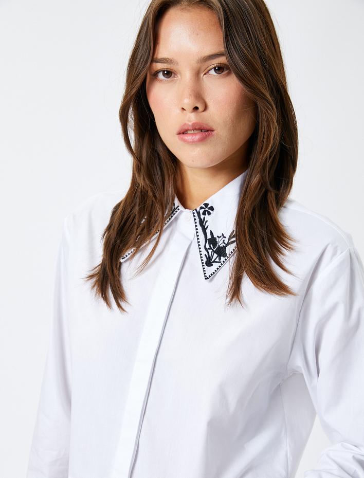  Crop Gömlek Nakış Detaylı Yaka Düğmeli Uzun Kollu