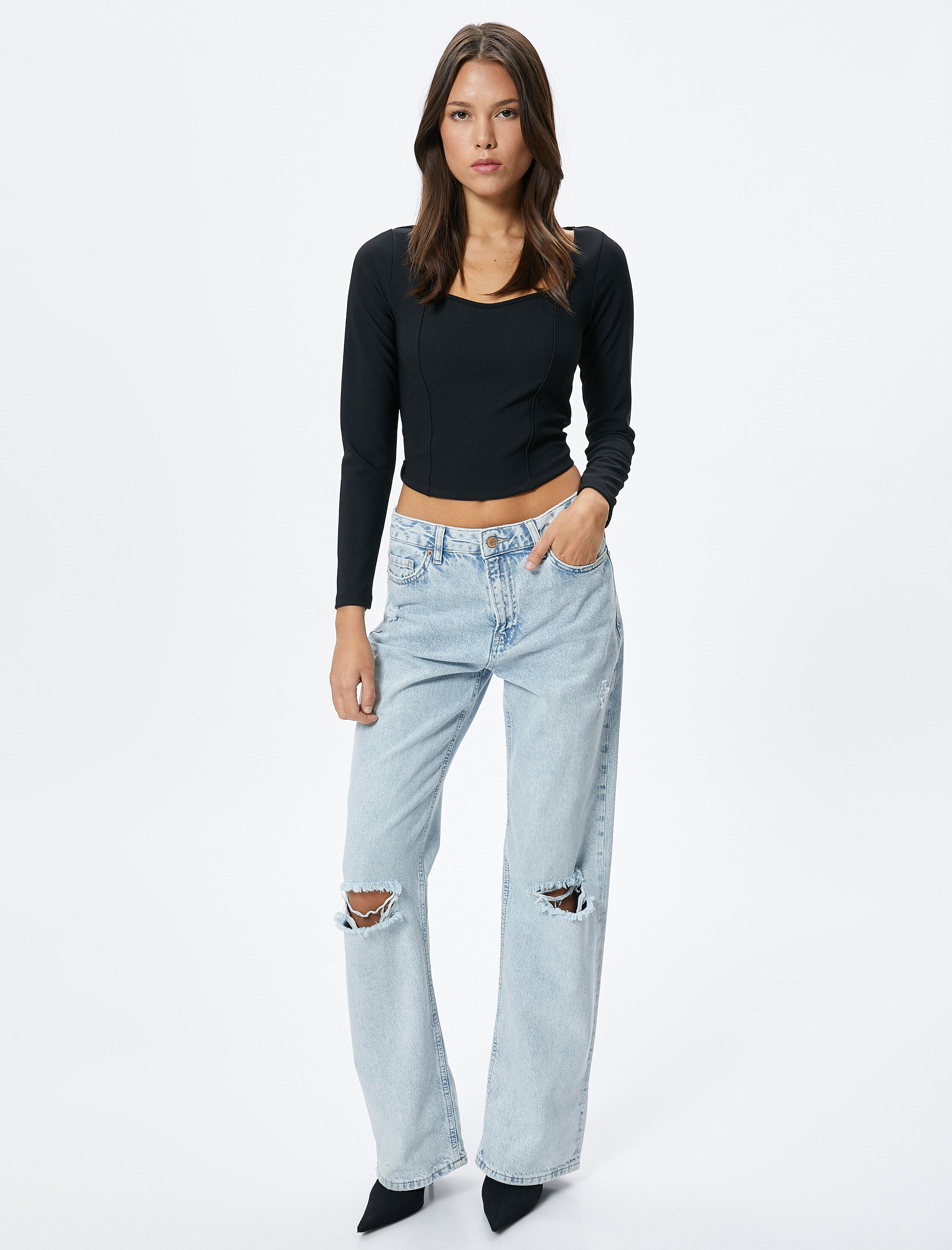   Uzun Kollu Tişört Kalp Yaka Korse Görünümlü