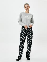 Kışlık Pijama Takımı Slogan Baskılı Uzun Kollu