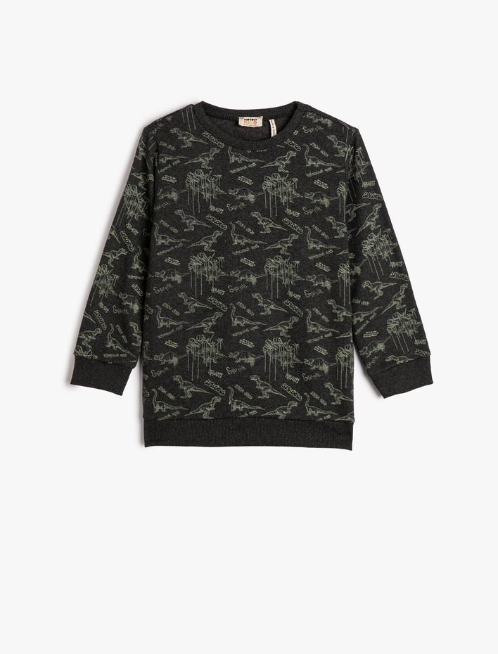 Erkek Çocuk Sweatshirt Bisiklet Yaka Uzun Kollu Şardonlu Dinozor Baskılı