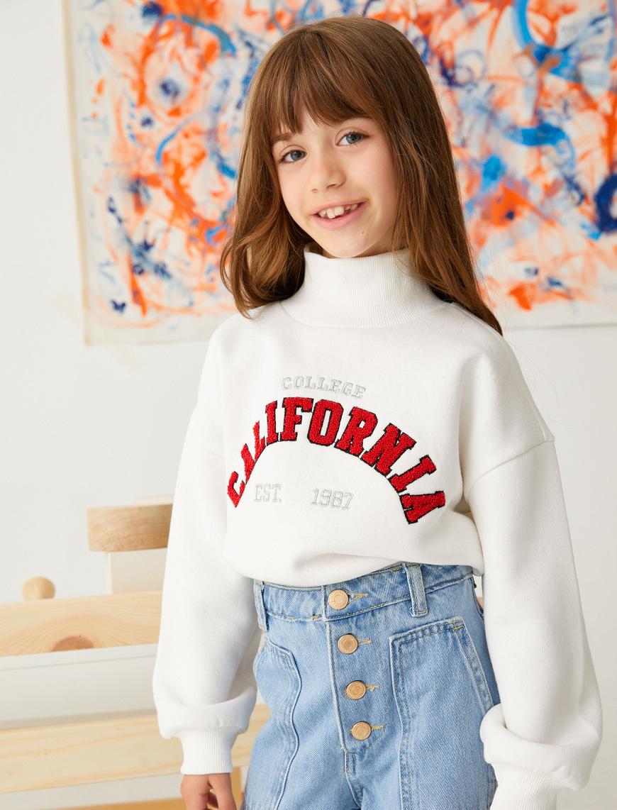  Kız Çocuk Crop Oversize Kolej Sweatshirt Dik Yaka Şardonlu