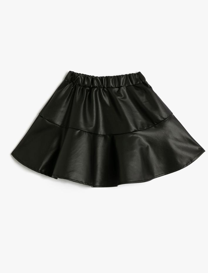 Kız Çocuk Deri Görünümlü Mini Etek Beli Lastikli Katlı