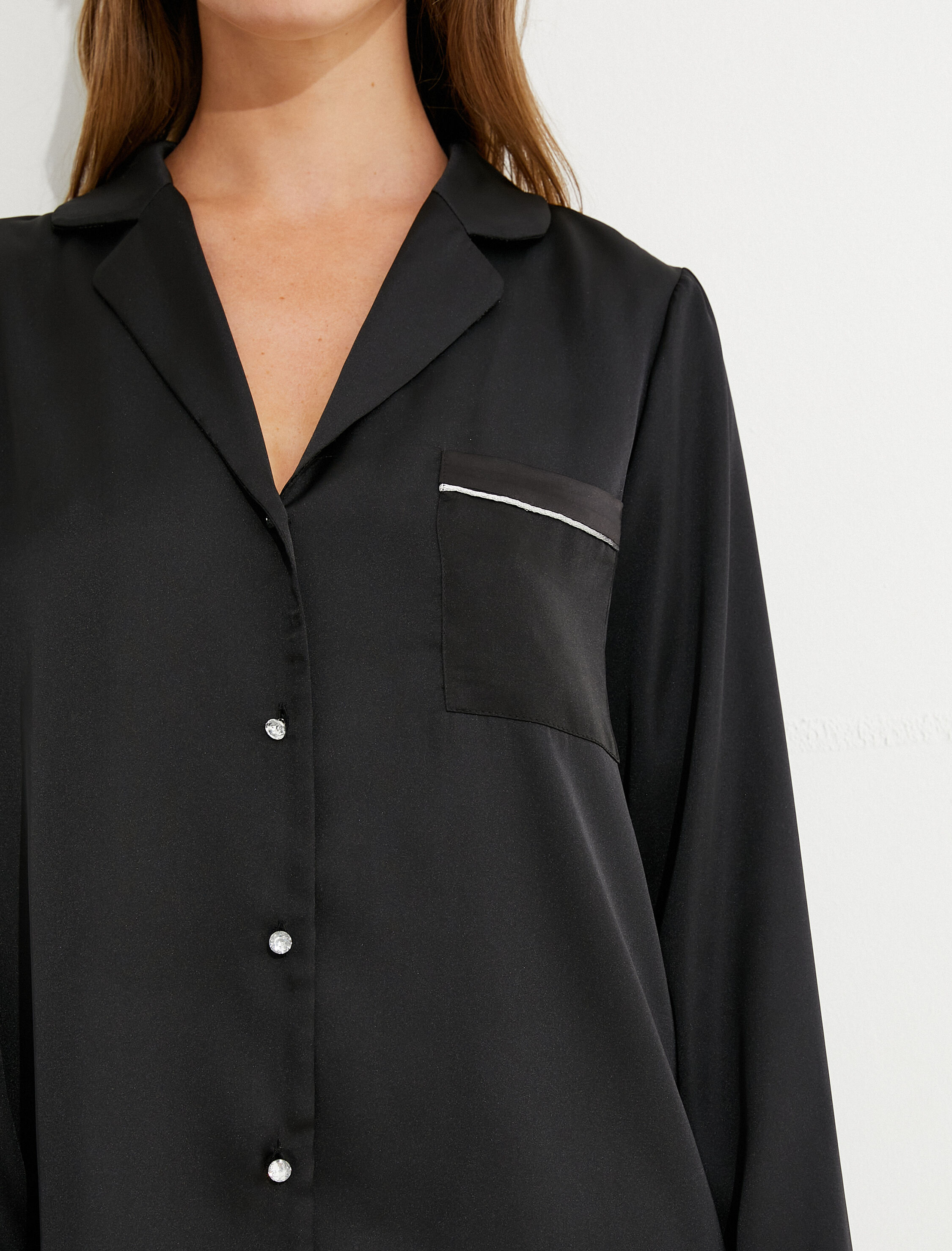   Saten Pijama Üstü Uzun Kollu Düğmeli Cep Detaylı