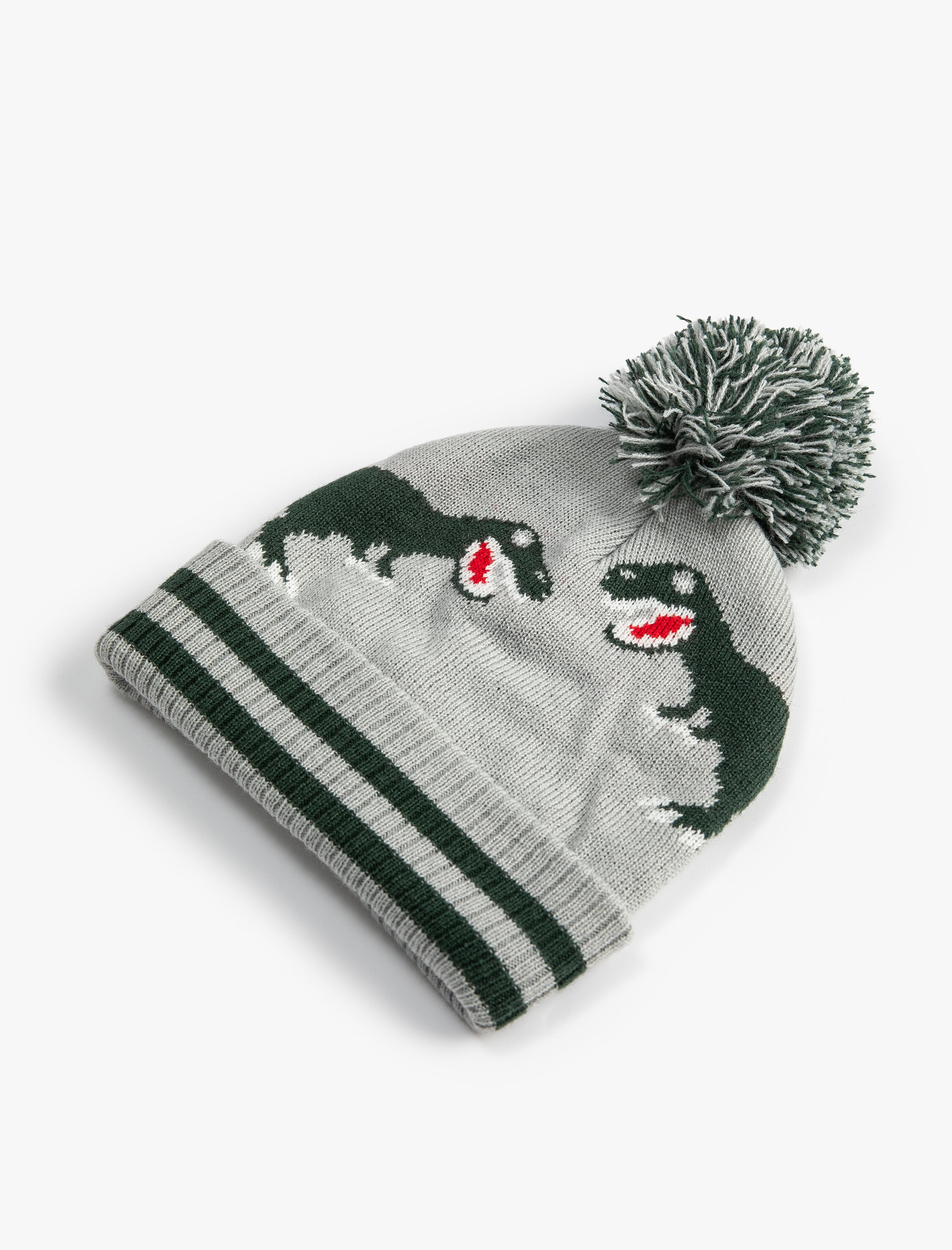  Erkek Çocuk Triko Bere Dinozor Desenli Ponpon Detaylı