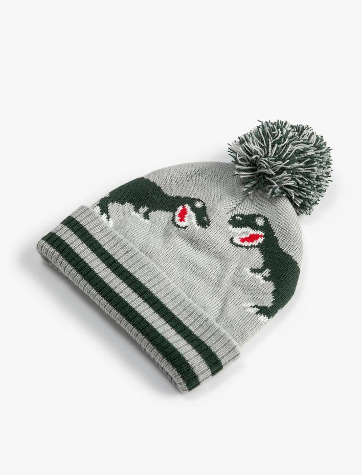 Erkek Çocuk Triko Bere Dinozor Desenli Ponpon Detaylı