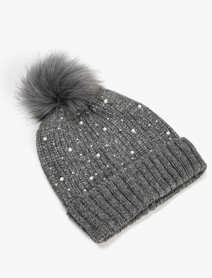 Kadın Triko Bere Suni Kürk Ponpon Detaylı Boncuk İşlemeli