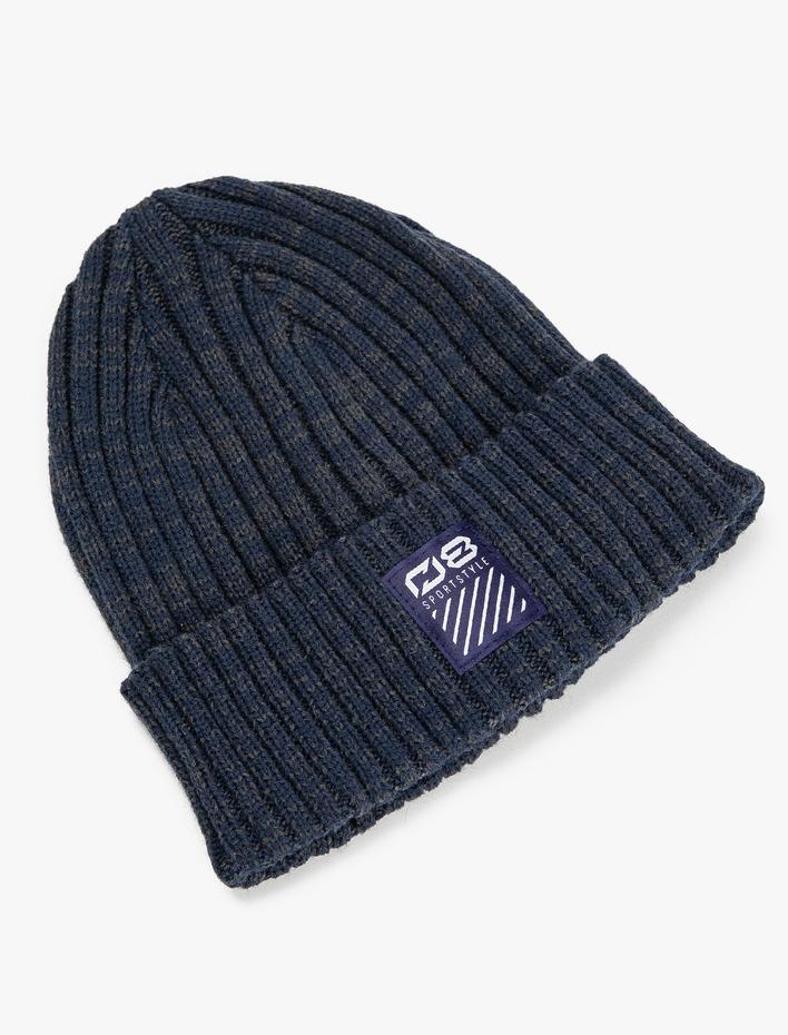 Erkek Örgü Bere Katlamalı Etiket Baskılı