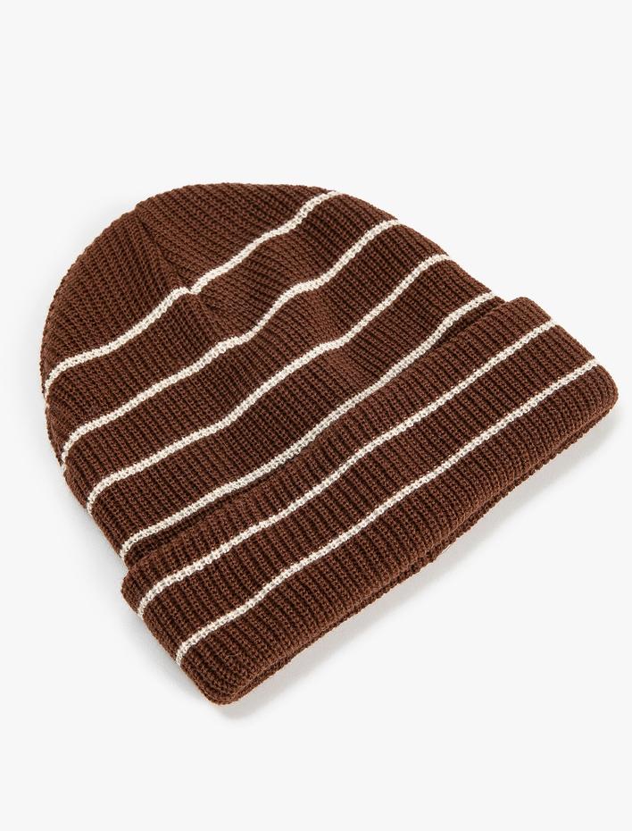 Erkek Örgü Bere Katlamalı Çizgi Desenli