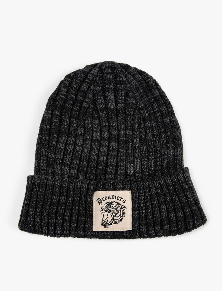 Erkek Örgü Bere Katlamalı Etiket Baskılı