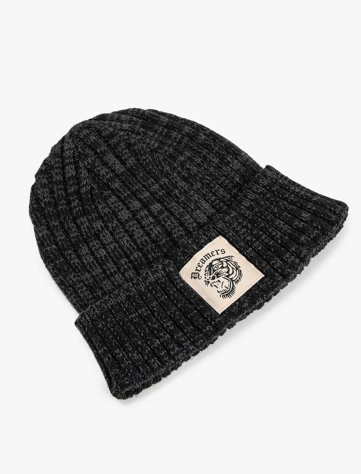 Erkek Örgü Bere Katlamalı Etiket Baskılı